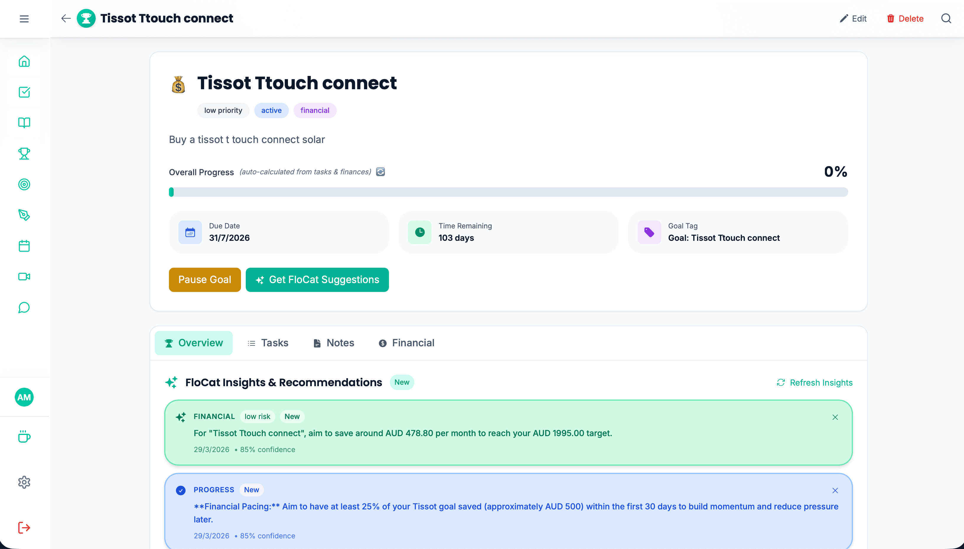 FloHub goal tracking interface showing milestones and financial goal progress