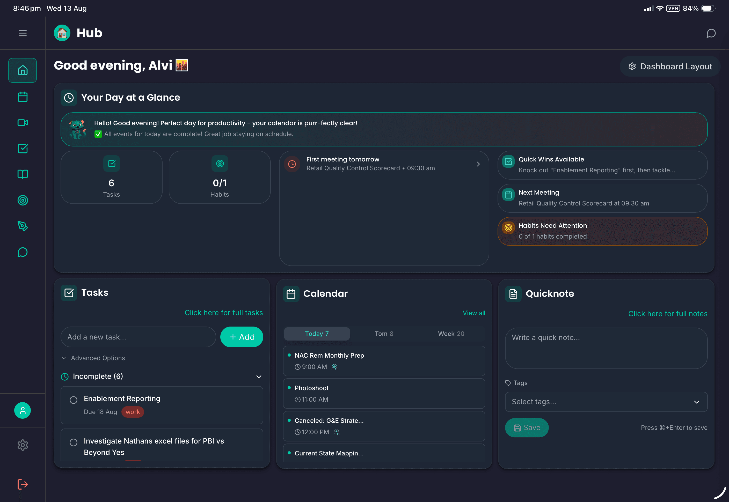 FloHub AI assistant FloCat providing task suggestions and daily planning guidance