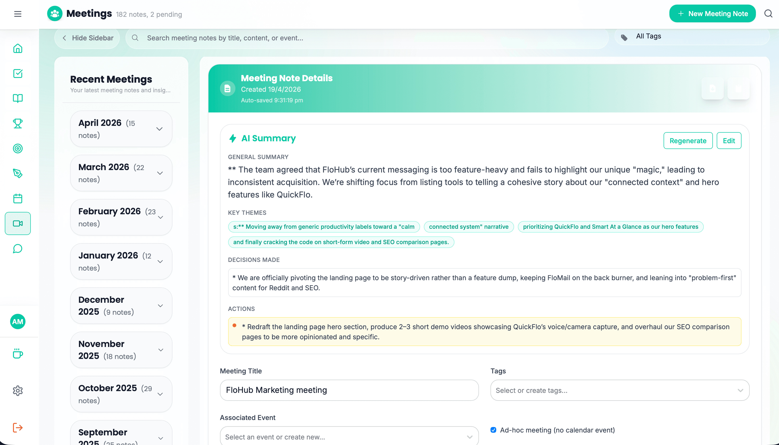 FloHub meeting notes interface showing calendar-linked notes and AI action item extraction