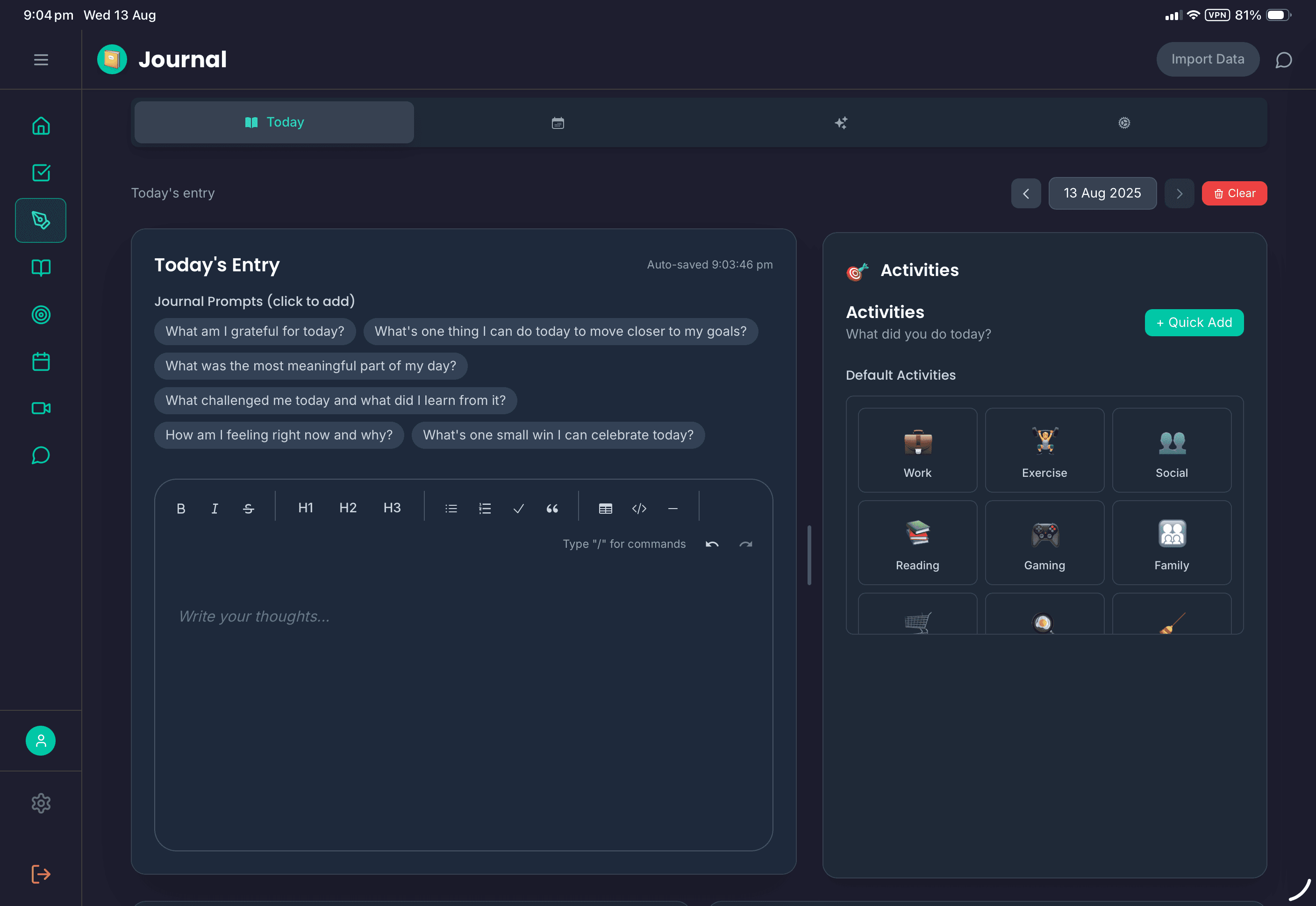FloHub journaling interface with mood tracking and sleep logging