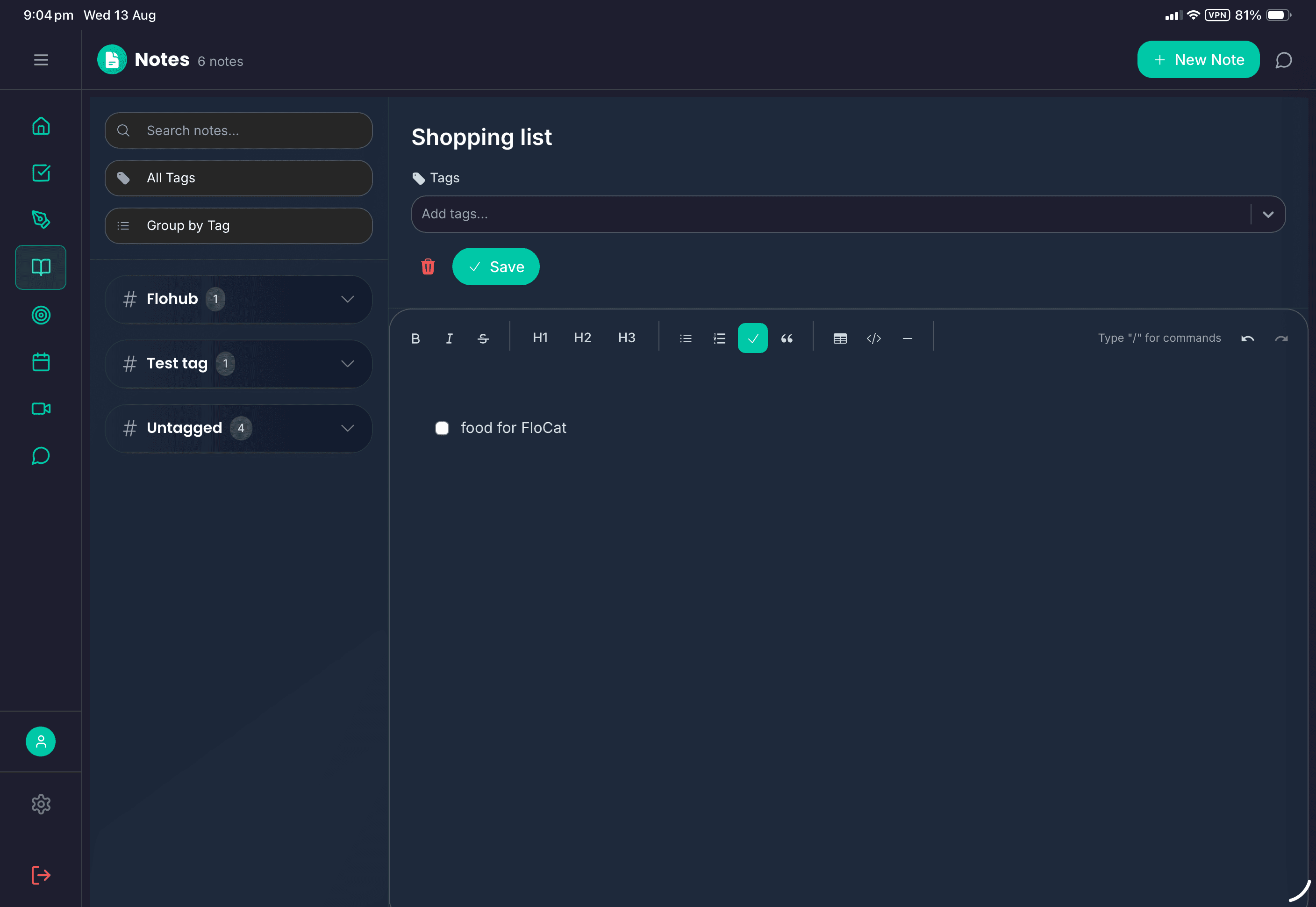 FloHub notes interface showing rich text editor with tags and organized note groups