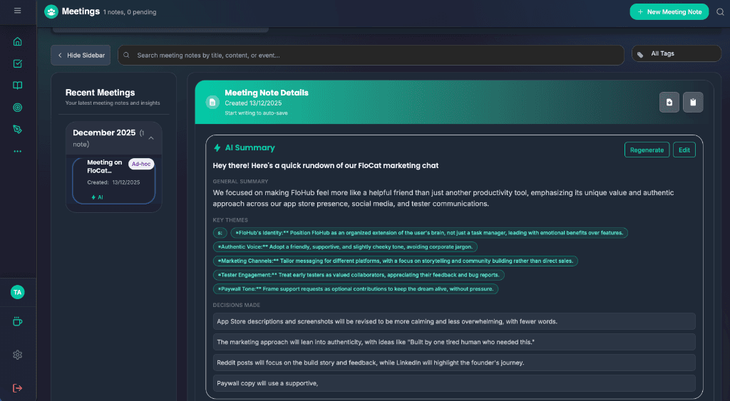 FloHub Meeting Notes Interface