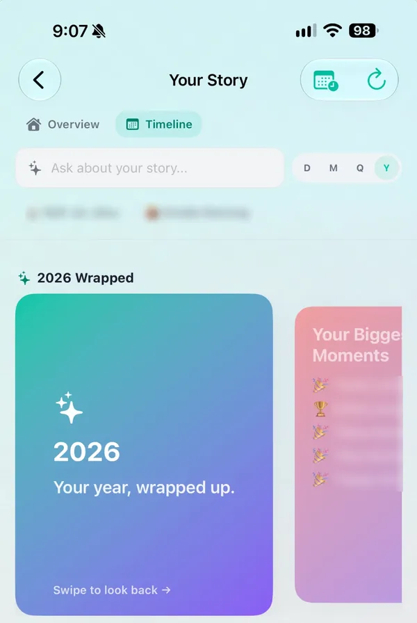 Your Story in FloHub: the 2026 Wrapped card, 'Your year, wrapped up', next to Your Biggest Moments